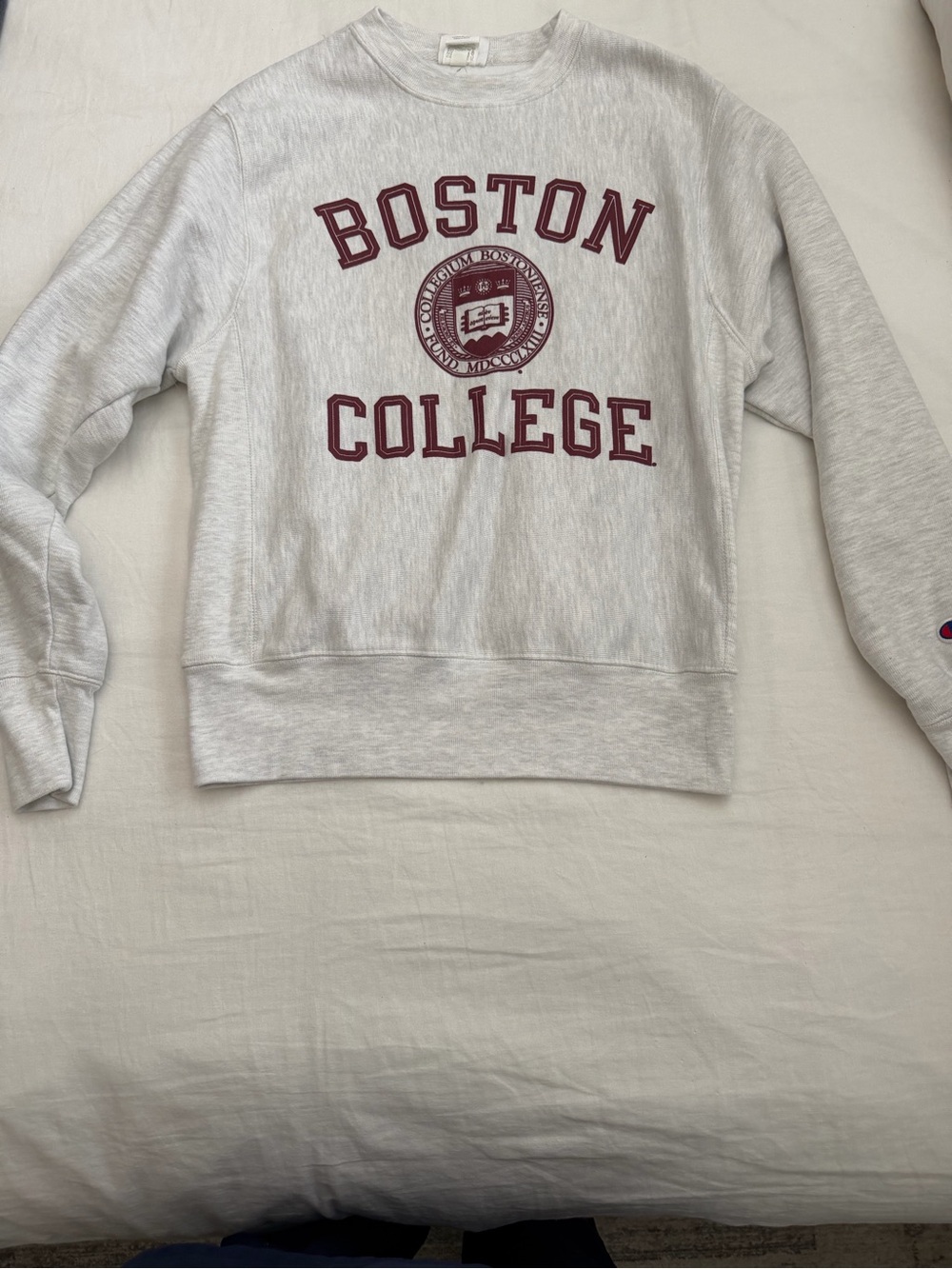 Champion Light Gray Boston College Crewneck with Maroon Crest
